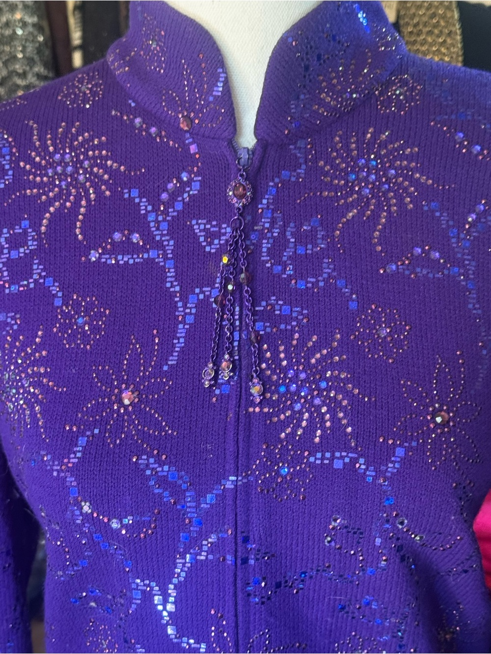 St. John Purple Sequin Zip-Front Stand-Collar Jacket brilliant blink size8 - Picture 4 of 5